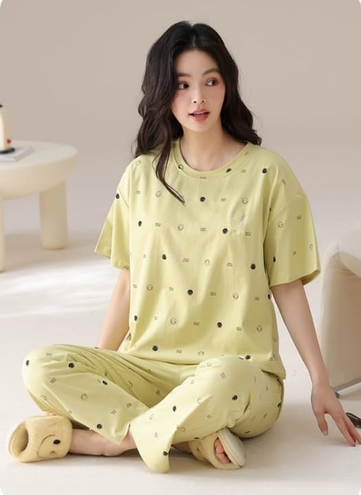 Image of Celary Women's Korean Night Suit Set | Round Neck Full Sleeve Top & Printed Ankle Length Pyjama | Skin-Friendly Fabric Soft Breathable Stretchable Loungewear | M to 2XL