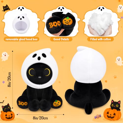 Image of Halloween Cat Stuffed Animal in Spooky Ghost Hood | 8inch Halloween Stuffed AnimalGhost Plushie with BOO & Pumpkin Paw, Halloween Basket Stuffers Gifts