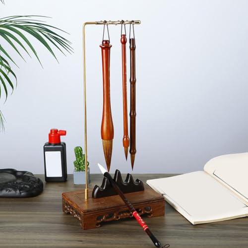 Image of Vintage Wooden Calligraphy Brush Holder - Chinese Brush Hanger Rack for Desktop, Multipurpose Pen Stand, 14.56 X 6.69 X 4.33 Inches
