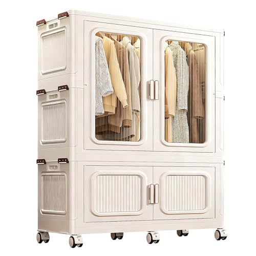 Roupeiros para Quarto Portátil con Puerta y Ruedas Armario Ropero Pequeño Plegable con Barra para Colgar y 10 Perchas Armario Dormitorio de Plástico para Sala, Apartamento(110 * 53 * 149cm)