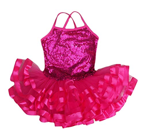 Hot Pink Sequins Cross Back Ribbon Ballet Dress