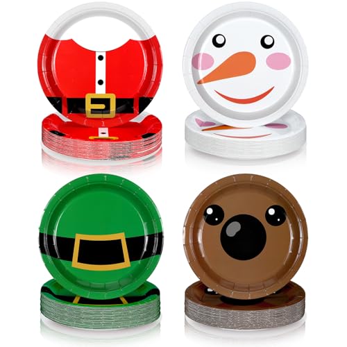 Image of Fourluoo 96 Pcs Christmas Cartoon Paper Plates 7 Inch Disposable Santa Snowman Christmas Dinner Plates for Xmas Birthday Holiday Party Supplies Table Decor