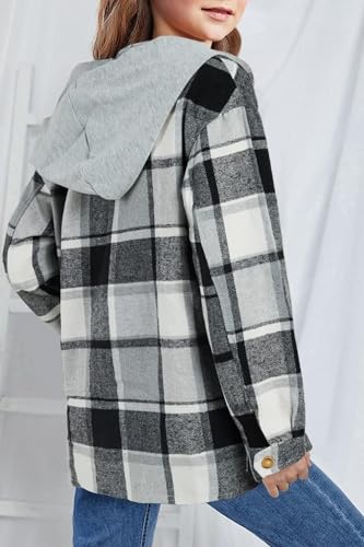 Girls Flannel Plaid Button Down Top with Pockets Long Sleeve Hooded Jackets Length Below Hip Circumference3