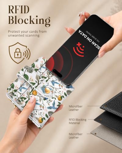 Image of Bistup Small Card Wallet for Women with Keychain, Lemon & Bird | durable material, clear ID window,, compact design for daily carry, sturdy keychain, aesthetic