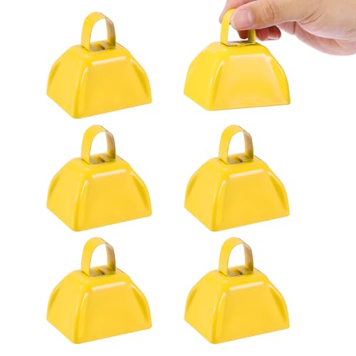 PATIKIL 6pcs Cow Bells for Football Games 3inch Cowbells for Sporting Events Bulk Loud Noise Makers Metal Cow Bell with Handle for Cheering Wedding Yellow