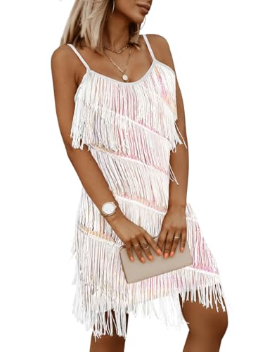 miduo Womens 2026 Fashion Sequin Tassel Fringe Party Dress Sleeveless Straps Flapper Dresses Cocktail Mini Dresses White L