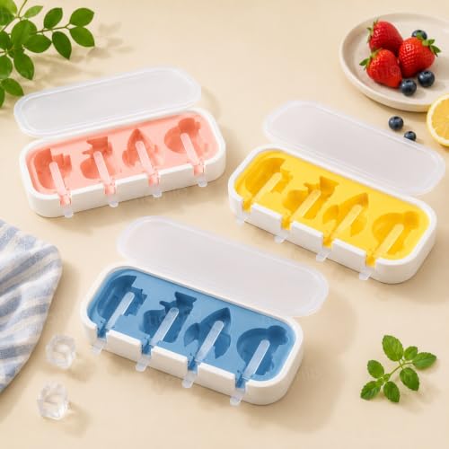 Image of 4 Vehicle Shape Cavity Non-Stick Silicone Ice Cream Mould with Lid & 6 Plastic Sticks Reusable Ice Lolly, Frozen Candy, Kulfi Molds, BPA-Free Stackable DIY Icecream Popsicle Maker (Multicolor)