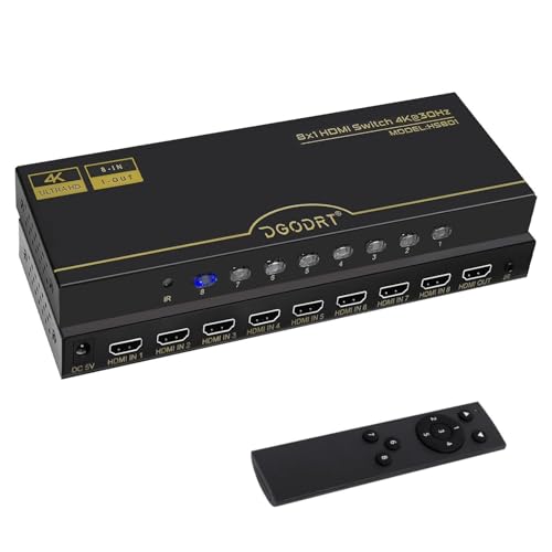 4K 30Hz HDMI Umschalter 8 in 1 out,8 Port Automatisch HDMI Switcher mit 5V-Netzkabel + IR-Infrarot-Empfänger,Umschaltung für Xbox, PS4,HDTV,TV Stick,BLU-Ray