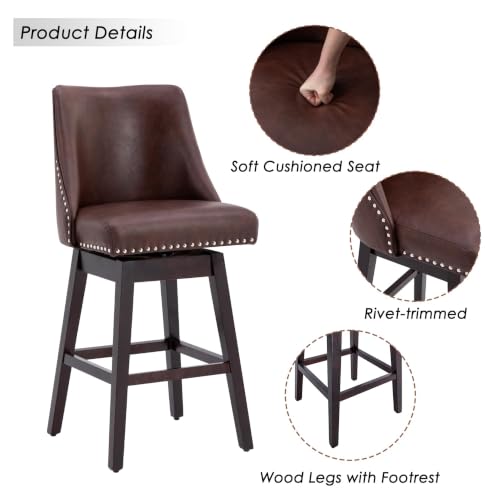 Butacos Altura Barra Set de 2, Butacos Giratorios Modernos de Media Centuria con Espalda y Patas de Madera, Tapizados en Poliuretano para Bar en Casa/Comedor/Restaurante, Color Chocolate miniatura 4