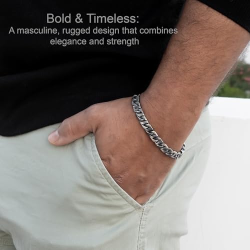 Trendy Cuban Link Bracelet for Men - Solid 925 Sterling Silver with Brushed Matte Finish - Chunky Heavy Bikers Vintage Black Curb Hand Chain Bracelets, Thick 8 mm - Mens Brutalist Jewelry - Handmade4