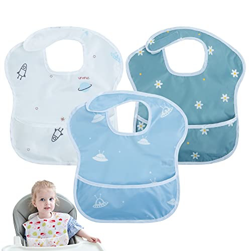 Little Dimsum 3 Pack baby waterproof bib easy to clean feeding weaning bib adjustable closure suitable for children with large pockets for 6-36 months (Boy)