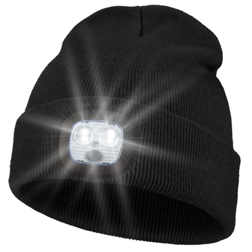 Pomarks Beanie mütze mit Lampe 4X ultrahelle LEDs led Beanie USB-aufladbar Für Herren & Damen Ideal für Gassigehen, Angeln, Joggen Reflektierend...