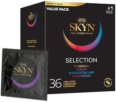 SKYN Selection Non-Latex Condoms, Regular Fit Variety Pack Contains SKYN Elite, Original, Excitation, Extra Lube, Condoms, 36 Count