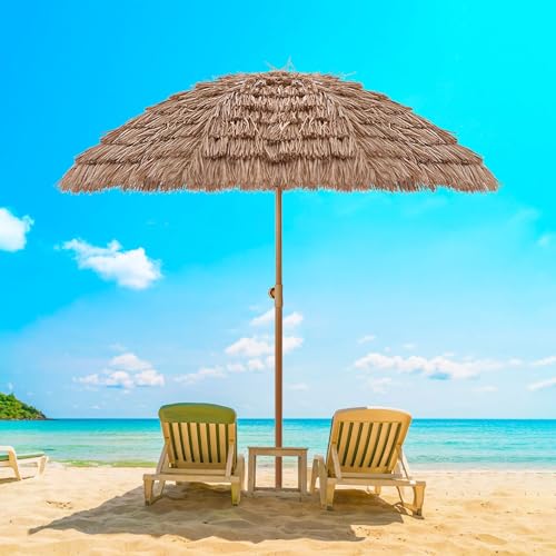 Large Patio Umbrella Hula Thatched Tiki Umbrella With Tilt Beach Umbrella UV Protection Patio Table Umbrella UPF 50+ Outdoor Umbrella Table Portable Market Umbrella 8 Ribs With Carry Bag For Beach Pat