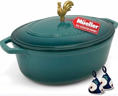 MUELLER HOME 5.5 Quart Enameled Cast Iron Oval Dutch Oven with Rooster Knob and Cotton Potholders, Heavy-Duty Cookware, Oven-Safe up to 500° F & Across All Cooktops, Thanksgiving Essentials, Emerald