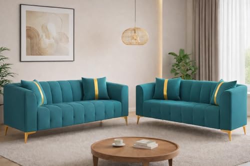 Image of Adorn India Premium Mystic - 3 Years Warranty - 3+2 Sofa Set Velvet Suede Fabric - Aqua Blue