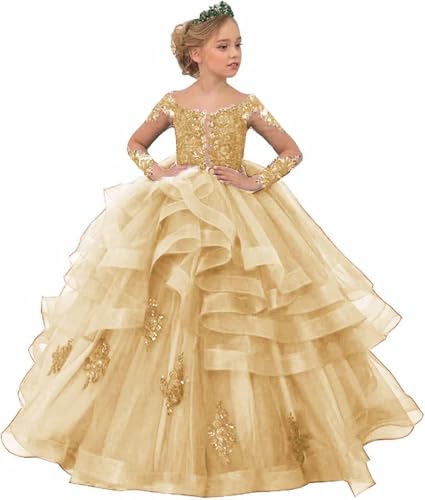 Long Sleeve Flower Girl Dresses Girls Lace Applique Princess Ruffles Pageant Dress Party Ball Gown
