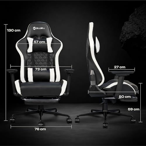 Image of CELLBELL Shadow FT Ergonomic Gaming Chair with Footrest Premium PU Leather 4D Armrests 180 Degree Recline Class 4 Hydraulic Tilt Lock Diamond Design Heavy Duty Base 60mm Wheels (White)