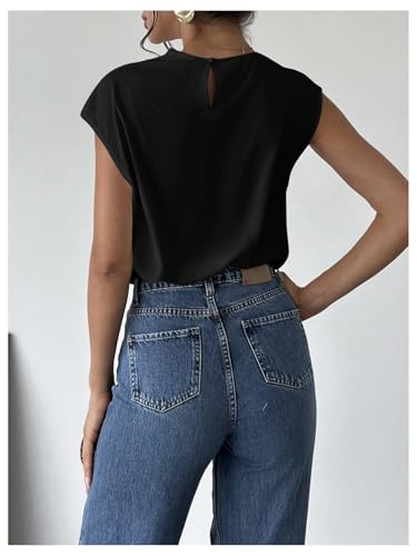 MakeMeChic Women's Draped Neck Tops Cap Sleeve Mock Neck Keyhole Work Shirt Summer Blouse2