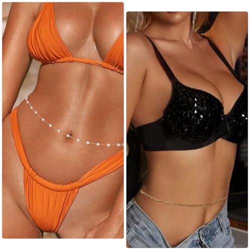 Image of PALAY 2pcs Pearl Waist Chain for Women Stylish Saree Gold Plated Belly Chain 2-Layered Ladies Body Hip Chain for the Waist Bikini Jewelry - 26-42in