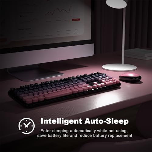 Image of Wireless Keyboard Mouse Combo - Lovely CherryPink-Gradient Rainbow Full-Sized Typewriter Colorful Keyboards, Round Keycap Plug Play Retro Cute Keyboards for Windows, Laptop, PC, Desktop, Computer