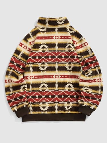 Image of ZAFUL Men 1 /4 Zipper Sweatshirt Ethnic Aztec Printed Kangaroo Pocket Fall Winter Pullovers Jacket Unisex Hoodie Tops
