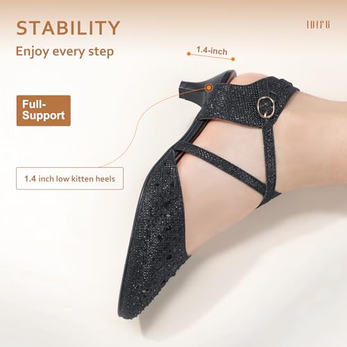 IDIFU IN2 Womens Pumps Closed Toe Low Heel Dress Shoes for Women Pointed Toe Kitten Heels Comfortable Casual Sparkly Rhinestone Wedding Bridal Formal Work Office Prom Party Strappy Ankle Strap Heels4
