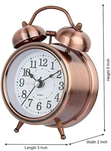 Image of Vintage Twin Bell Alarm Clock, Classic Retro Metal Table Clock, Roman Numeral Analog, Battery Operated, Antique Style, for Bedroom, Bedside, Office, Two Colour Bronze & Copper (Copper with Number)