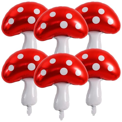 Image of Vuzvuv 30 Inches Red Foil Mushroom Balloons, Video Game Mushrooms Party Decoration for Birthday, Theme Parties, Spring Holiday Picnic, Forest Plant Theme Decor(6 Pcs)