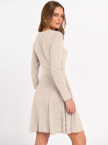 ANRABESS Women Long Sleeve Ribbed Knit Short Dresses 2026 Spring V Neck Casual Swing A Line Sweater Dress Beige X-Large