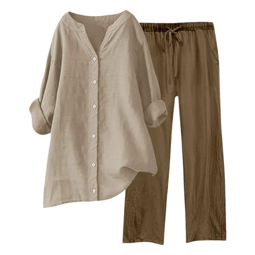 Generico Completo di Lino Donna 2 Pezzi Pantalone Lungo Estivo Tuta Elegante Completo Casual Set Estiva Camicia e Pantaloni Cotone Completi Leggera Comodi Tute Curvy Taglie Forti