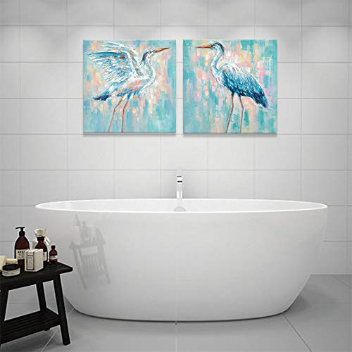 Teal Blue Heron Canvas Wall Art Beach Decor Set Of 2 Sea Birds Poster And Print Large Framed Coastal Painting Egret Pictures For Bathroom Bedroom Living Room Office Home Decoraions 20"X20"X2 Panels #TOP3