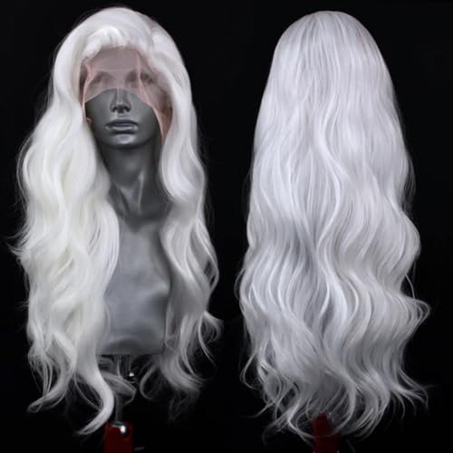 RONGDUOYI White Lace Wig Long Body Wave Synthetic Lace Front Wigs for Women Free Part Natural Hairline Daily Use Cosplay Party 24 Inches