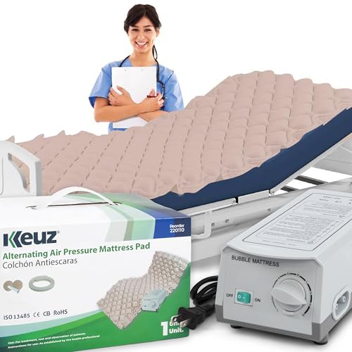 KEUZ Almohadilla de colchón de presión de aire alterna para cama con solapas finales, incluye bomba alterna ultra silenciosa y kit de reparación, prevención y alivio de úlceras y úlceras por cama,
