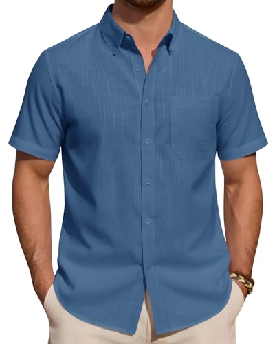 J.VER Linen Shirts Men Mist Blue Summer Short Sleeve Regular Fit Smart Casual Lightweight Holiday Beach Button Down Shirt 2XL