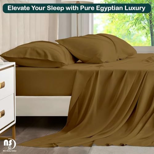 Image of NON Sticky cotton Premium 4 Piece Egyptian Cotton Fitted Queen Sheet Set, Hotel Quality Soft Breathable Bedding Sheets, 12 inch Deep Pocket, 60 inch X 80 inch, Taupe Solid