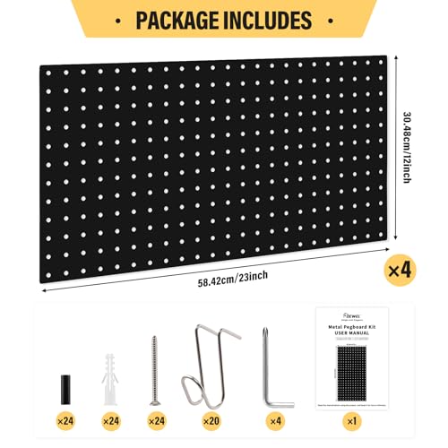 Image of DEWEL Peg Board, 23 inch x 12 inch Metal Pegboard Wall Organizer Kit, 4 Pack Pegboard Panels with 20 Hooks,Black Pegboard Tool Wall Organizer System for Garage and Garden(4pcs black)
