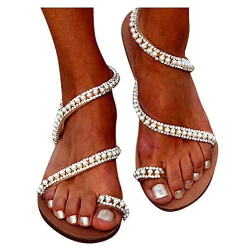Flat Sandals for Women Dressy Summer, Rhinestone Sparkly Beach Wedding Sandals for Bride Bohemian Lace Flower Sandals Bling Toe Ring Bridal Sandals