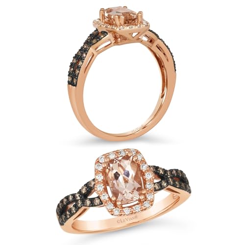 LE VIAN 1/4 Carat White and Chocolate Diamond Halo Ring for Women with 2/3 Carat Cushion Cut Champagne Morganite | 14k Rose Gold Ring for Her (White, Brown, 0.27 cttw) Promise Wedding Band Size 6