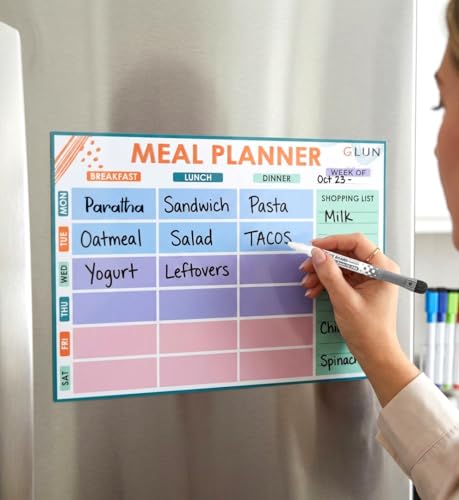 Image of GLUN Magnetic Back Meal Planner Size 33x43cm Pack of 1, Paste on Metal Surface, Fridge, Almira & Wardrobe with One Black Marker, Dry Erase Planning Calendar