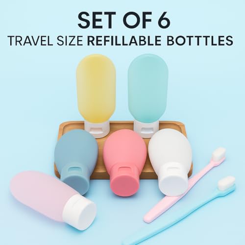 Image of Travel Bottle Kit for Toiletries (6 Pcs, 60 mL) | Travelling Toiletry Bottles Kit with Leakproof Toiletry | Travel Size Bottles for Toiletries | Refillable Set for Lotion, Shampoo, Gel