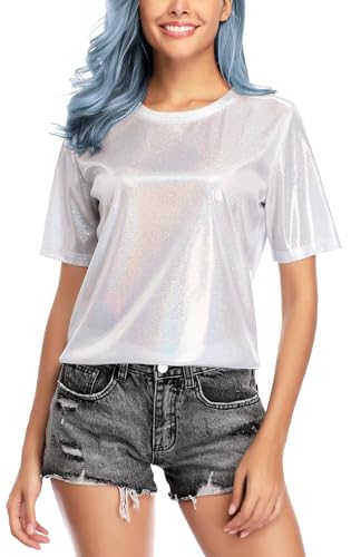 MISS MOLY Women's Metallic Tops Short Sleeve Crewneck Holographic Shiny Tees Glitter Sparkle Shirt for Party Club Concert3