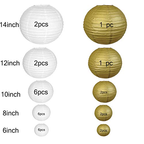 Farolillos de Papel,Linternas de Papel 30 PCS 6 "-14" Papel de oro blanco Lampión de papel Linterna Lantern Lanterna Indoor Evento de fiesta al aire libre Colgando DIY Decoración