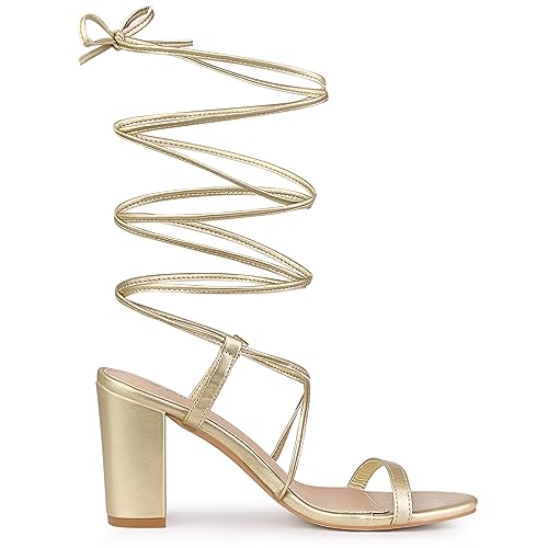 Allegra K Allegra K Women's Strappy One Strap Lace Up Chunky Gold Heels Sandals 9 M US
