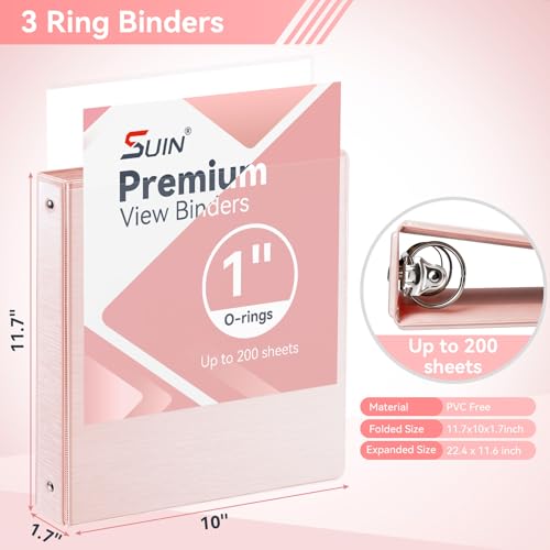 Image of SUIN 1 Inch 3 Ring Binder, Clear 1'' View Presentation Binders with 2 Pockets, Fits 8.5 x 11 Letter Size, Durable Polypropylene, Non-Stick & PVC-Free for School, Office & Home (Brushed Pink)