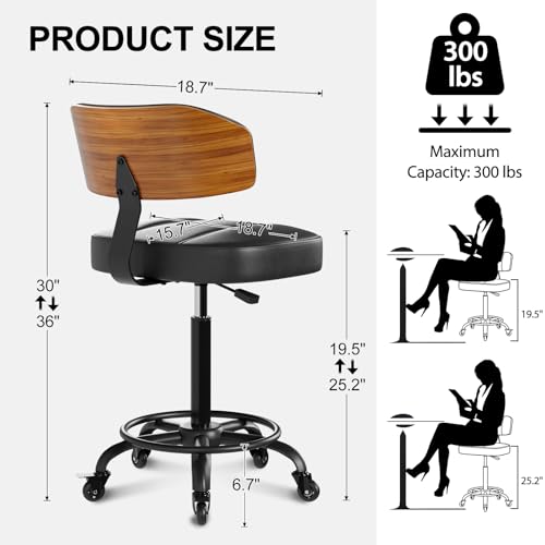 Image of Drafting Chair with Lockable Wheels, Tall Chair Adjustable Stool with Curved Walnut Backrest and Footrest Ring, PU Leather Ergonomic Rolling Chair 300LBS Capacity for Office Workstation(Black)