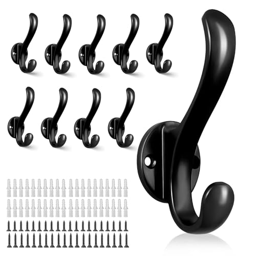 PEOIAOY 10 Pack Coat Hooks Wall Mount Heavy Duty Utility Retro Double Hooks for Hanging Coats,Hat, Towel, Key, Robe, Scarf, Bag, Cap (Black)