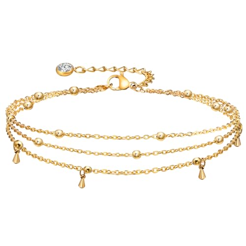 Image of MPRAINBOW Waterproof Gold Anklets for Women - 14k Gold Plated Ankle Bracelets,Summer Beach Surf Foot Chain Multilayered Stacked Bracelet Anklet Set,Layered Trendy Jewelry for Girlfriend