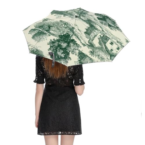 Parapluie pliant toile de Jouy verte cottagecore 3 plis accessoire pluie femme et homme - 5