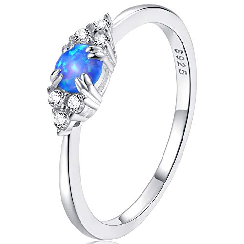 espere Sterling Silver Halo Opal Stacking Ring Simple Dainty Blue Opal Ring Birthstone Ring Size 7
